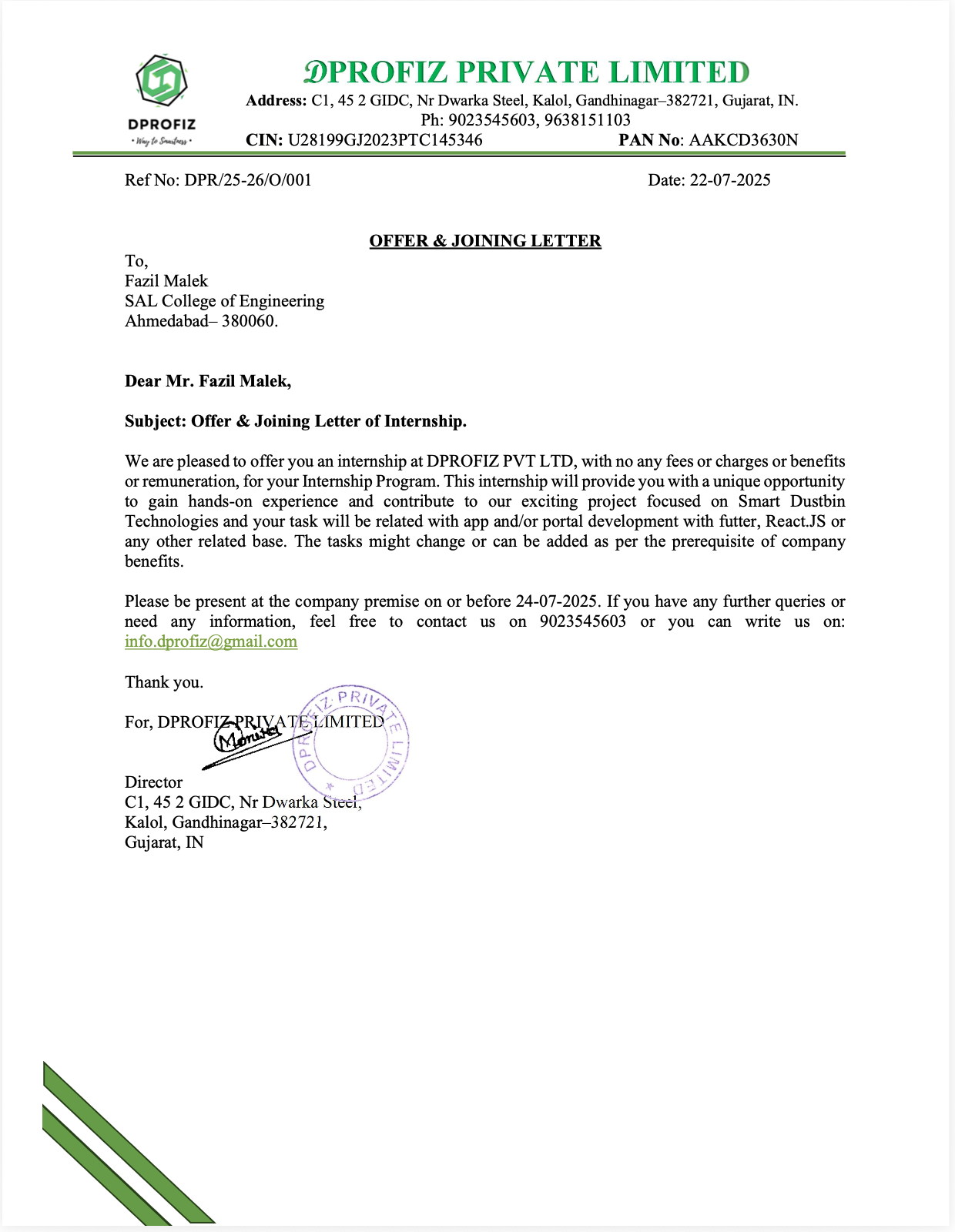 Dprofiz Internship Offer Letter